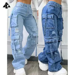 JHG-2025 New Fashionable Solid Color All-Matching plus Size Waist Multi-Pocket Cargo Trousers Women Pants Jean