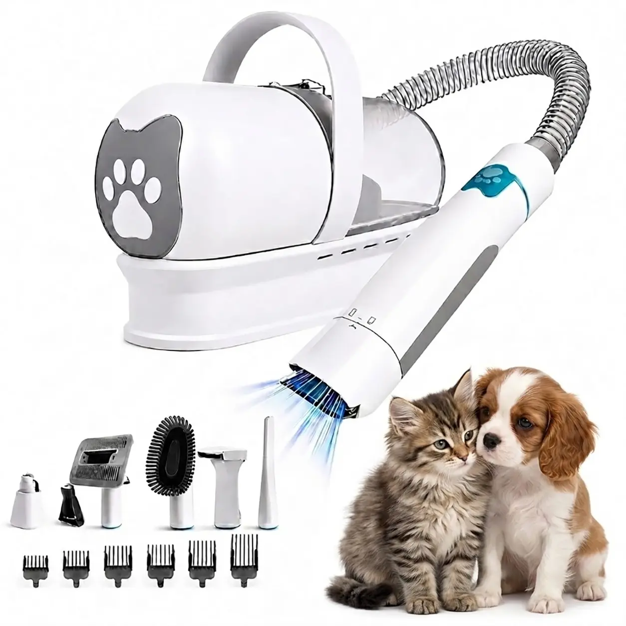 Quiet Pet Grooming Vacuum Kit for Sensitive Dogs & Cats, Ultra-Low Noise 7-in-1 Groomer Kit, Electric Hair Clipper with 3 Suction Levels & Skin-Safe Blades