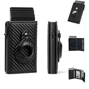 Men's Smart Card Holder and Wallet, Pop-Up RFID Blocking, Leather, Slim, Carbon Fiber, Minimalist - 9-14 Card Capacity