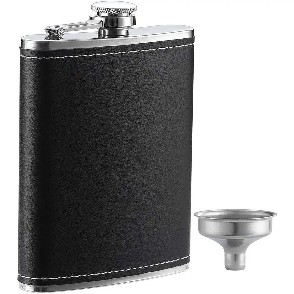 1 Pack Flask for Liquor and Funnel, Premium 8 Oz Leak Proof 18/8 Stainless Steel Pocket Hip Flask with Black Leather Cover, Great Gift Idea