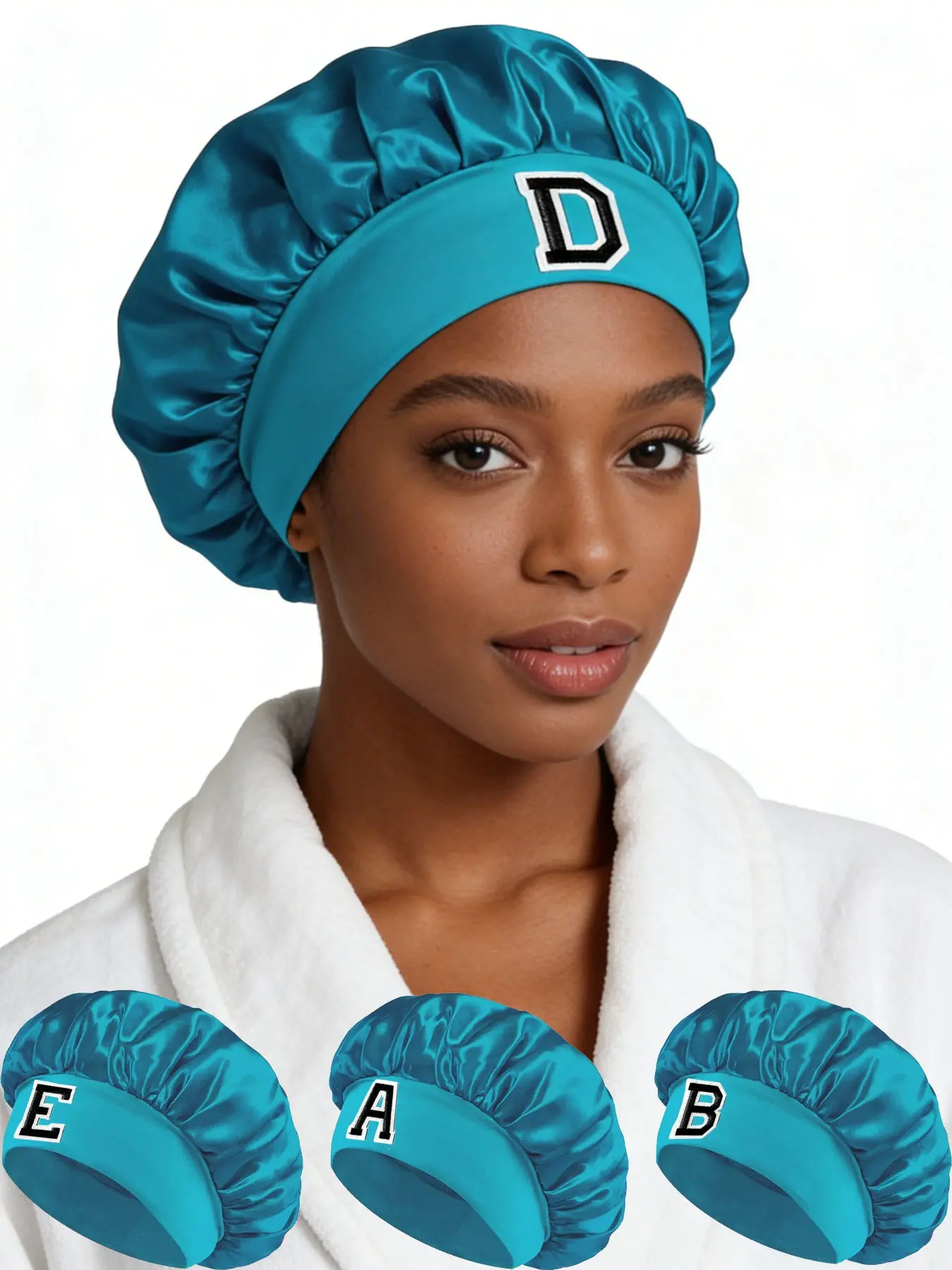 Lake Blue Letter Patch Satin Sleep Cap Sleeping Bonnet for Women, Adjustable Wide Brim Hair Protection, Reduce Frizz, Home Sleeping Essential