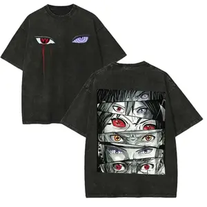 Men's Sharingan Rinnegan Eyes Graphic Crew Neck Short-Sleeve Cotton T-Shirt, Vintage Acid Wash Casual Fashion Menswear Streetwear Retro Anime Clothing