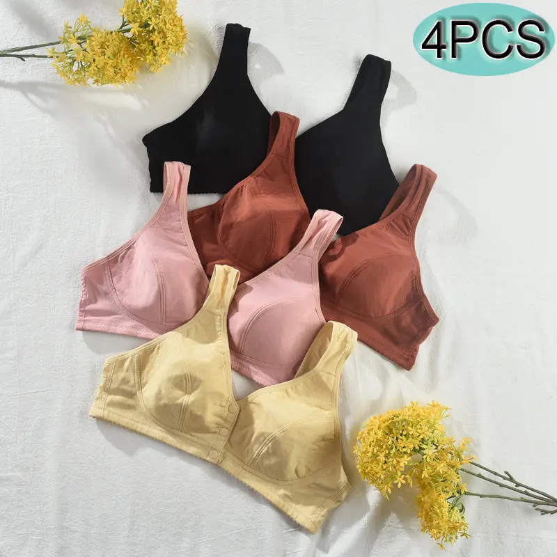 Women's 4Pcs Front Closure Wireless Bralettes - Casual, Seamless Stretch, Skin-Friendly, Contrast Lace, Mother's Lingerie