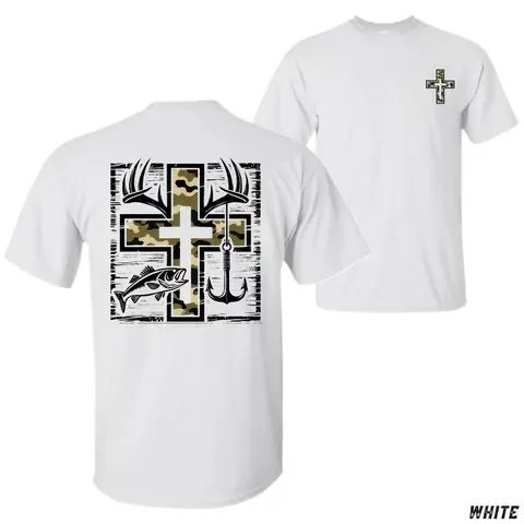 Unisex Fishing Shirt with Bass, Antlers & Camo Cross Graphic - Casual Round Neck Top with Durable Digital Prints