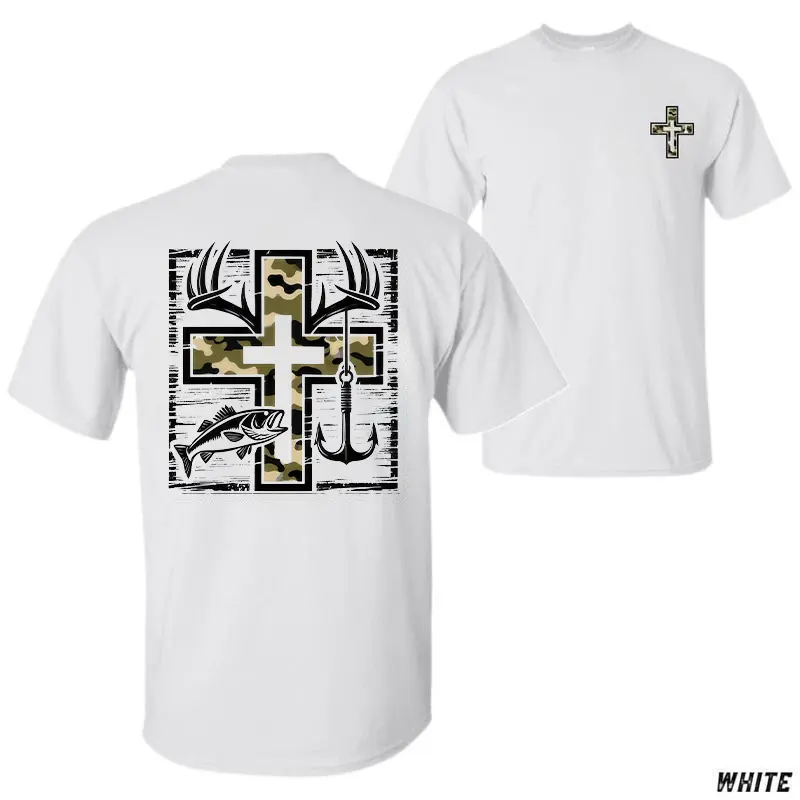 Unisex Short-Sleeve Crew Neck Graphic T-Shirt - Camo Print Southern Charm Cross, Antlers & Bass Design for Faithful Outdoor Adventure Sports Top