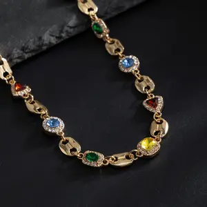 Men's Colorful Cubic Zirconia Jewelry Set, Retro Hip Hop Sparkling Multicolor CZ Coffee Bean Link Clavicle Necklace & Bracelet, Luxury Versatile Statement Jewelry For Men Women, Everyday, Party, Club & Festival Accessories
