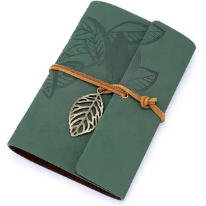 5 Inch Mini  Leather Journal, Pocket Size Refillable Loose Leaf Notebook, Retro Dark Green PU Cover with Metal Leaf Pendant, Blank  Paper Small Travel Diary & Sketchbook