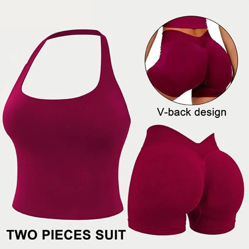 [SIZE UP 1] DEEFY Two Pieces suit Impact Halter Top & V-Back Scrunch Shorts  High Support Butt Lifting Gym Yoga Activewear Set