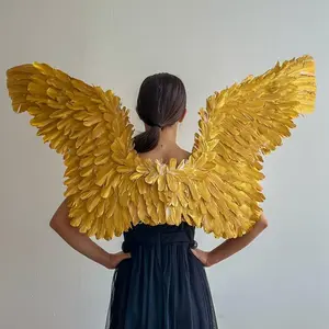 ZUCKER Extra Large Metallic Gold Feathered Angel Wings with Gold Sequin Elastic Straps for Halloween Party Costumes