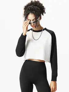 Black & White Raglan Cropped Sweatshirt - Raw Hem Casual Crop Top