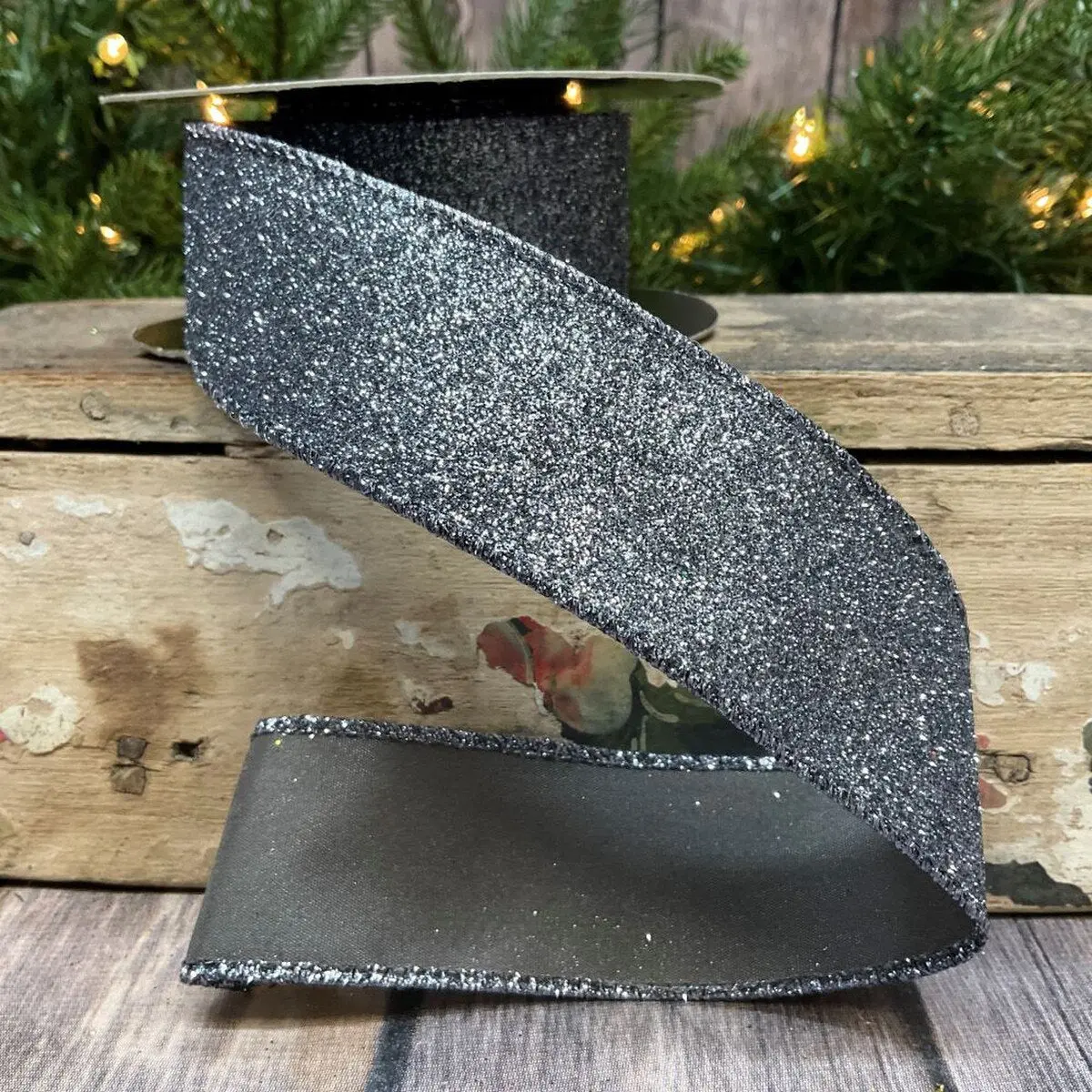 Steel Grey Vintage Glitter Ribbon, 1.5” X 10YD
