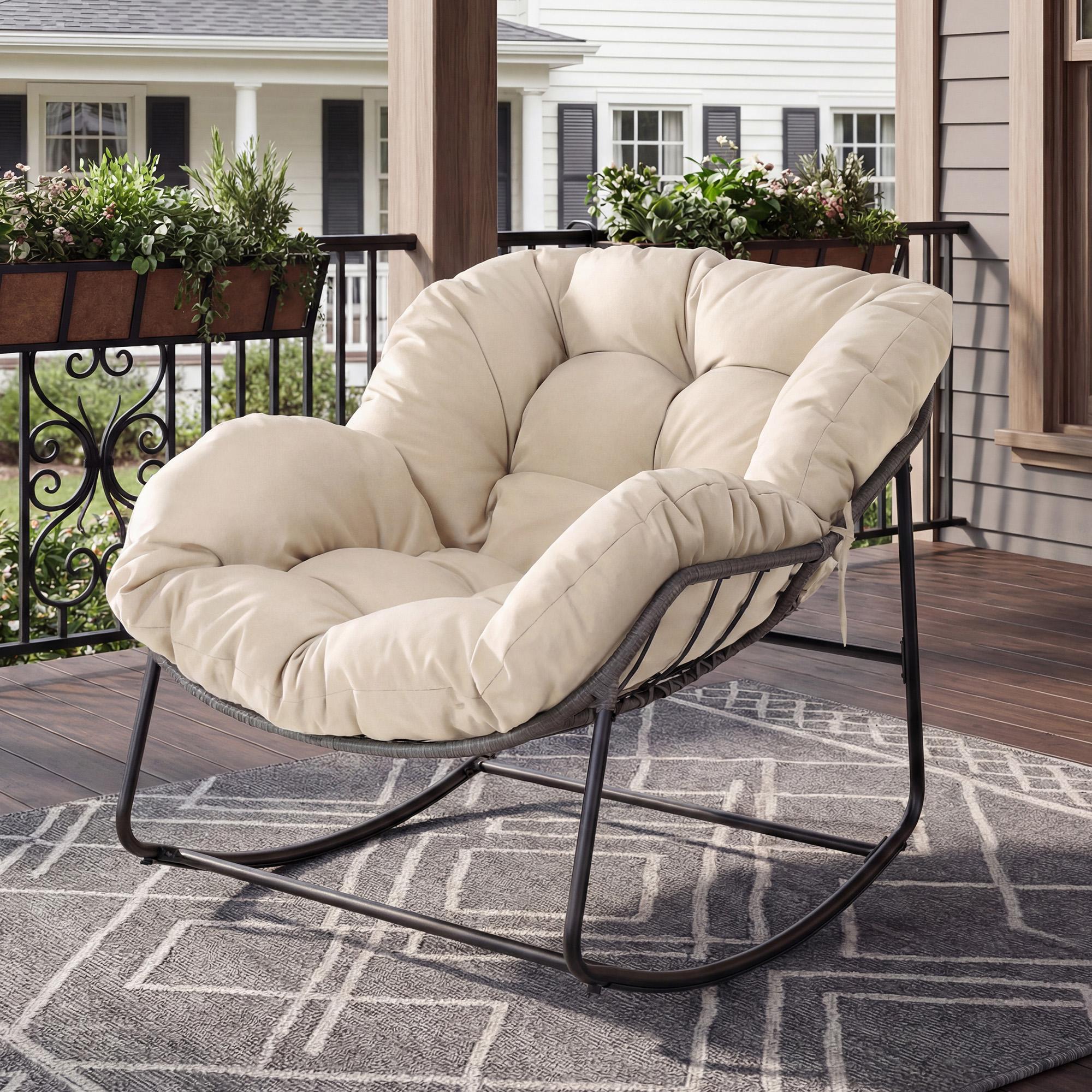 Outdoor Rocking Chair with Thick Cushion,300lbs Capacity, Indoor Egg Rocking Chair with Adjustable Backrest for Backyard, Balcony, Living Room
