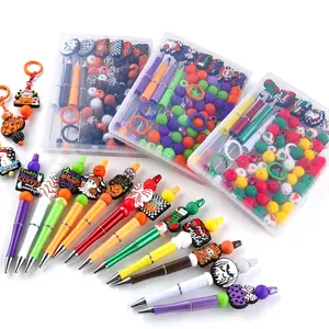 Halloween Bead Assortment, 90pcs Acrylic & Silicone Round Beads, Devil Pumpkins Trees Bows Design, DIY Jewelry Making Supplies, Seasonal Decorations