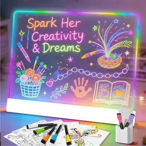LED Kids Light Up Drawing Board, Acrylic Glow Writing Board, Rechargeable Erasable Neon Sketch Pad, Illuminated Writing Tablet for Children, Creative Doodle Board Toy for Home & Learning.(Set Includes: 7 Color Pens + USB Cable + 2 Frame Stands + 2 Cloths)