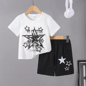 Ready Stock Star Themed Summer Set for 4Y,5Y,6Y,7Y Boys Star Graphic Casual Tee & Matching Shorts 2Pcs Street Style Clothes White 12501098