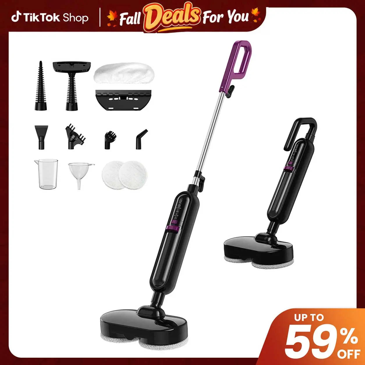 [FallDealsForYou] EM-519 10-in-1 Multi Surface Steam Mop, 5m Electric Steam Cleaner for House, 3 Adjustable Levels, Fast Heat-Up to 212°F Grease Lift, Large Cap, 6 Round Cleaning Pads, 9 Versatile Cleaning Supplies Accessories, with Customer Service