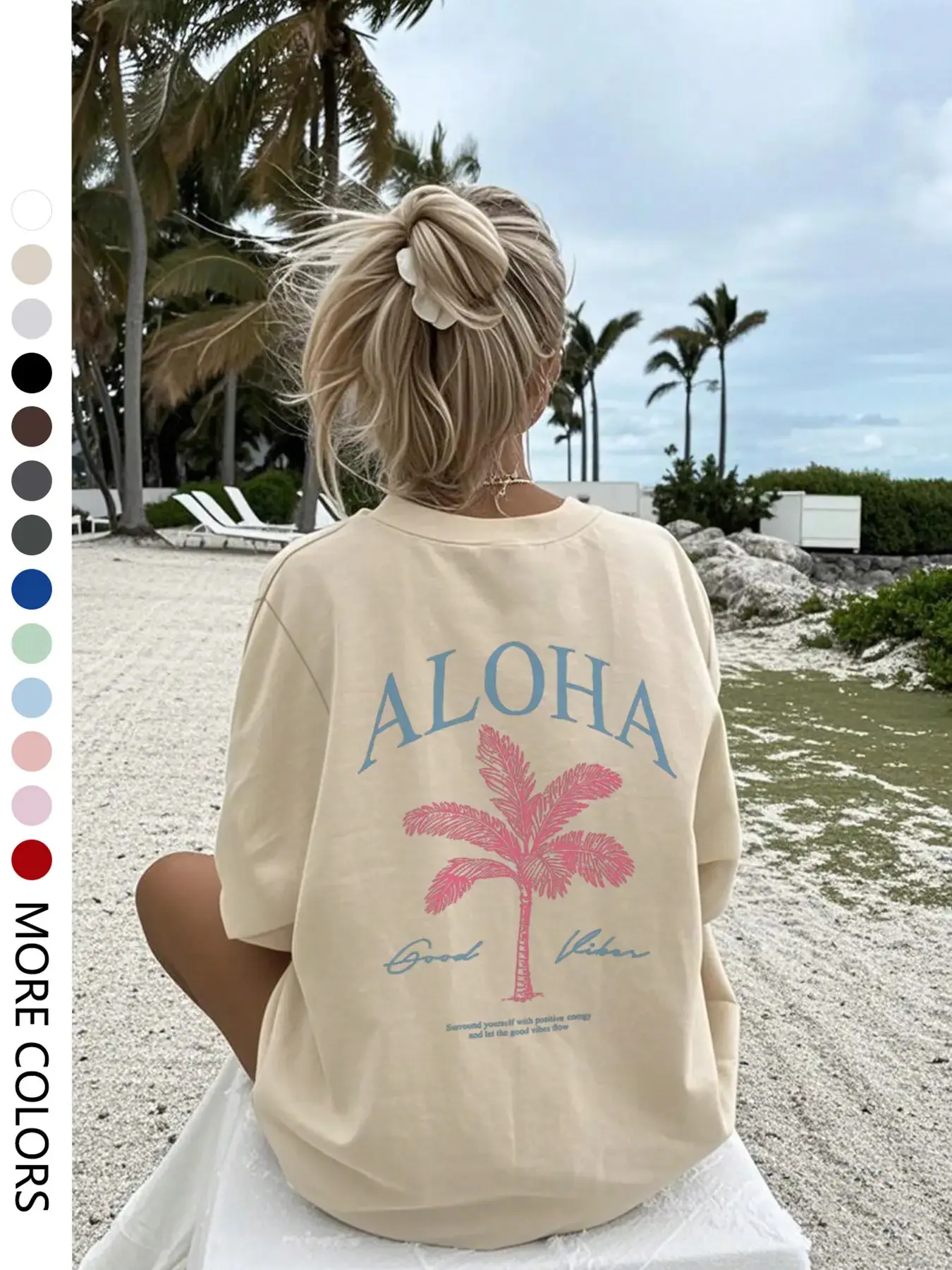 Women's Printed ALOHA Tropical Palm Tree Apparel - Round Neck Shirt, Soft Lightweight Cotton Top, Loose-Fitting Unisex Streetwear, Ideal for Summer Vacation & Daily Casual Wear, Everyday, Comfy Casual, Sweatshirts, Loosey Goosey, Oversized, Lady