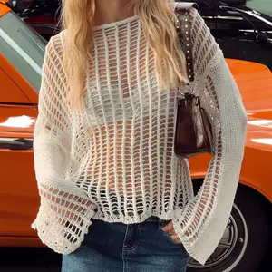 Women's Crochet Cover Up Sweater Top Hollow Out Mesh Long Sleeve Shirt Pullover Top