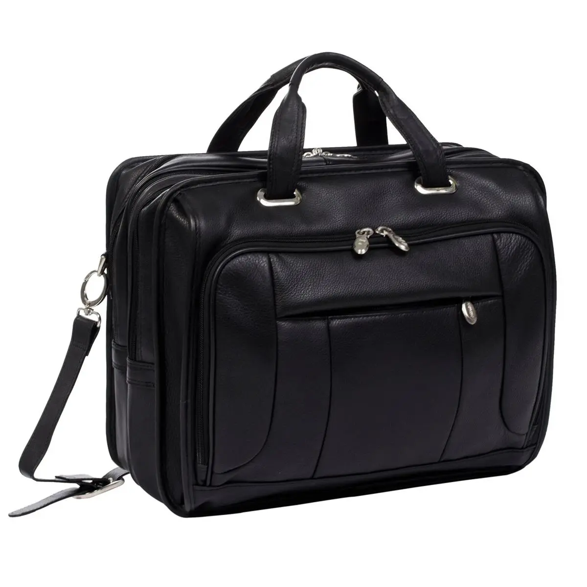 212 MAIN 17-Inch Black River West Leather Laptop Case - Detachable Shoulder Strap, High-Density Foam, Functional Front Pockets, Fly-Through Checkpoint-Friendly Notebook Bag