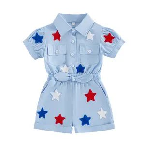 Babamoon Kids Toddler Baby Girls 4th of July Shorts Overalls Romper Star Embroidery Short Sleeve Turn Down Collar Overalls Shorts Jumpsuit