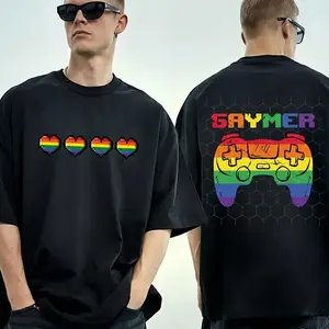 Rainbow Hearts & Gaymer Graphic Tee, LGBTQ Gamer Pride Casual T-Shirt Tshirt Printed in USA