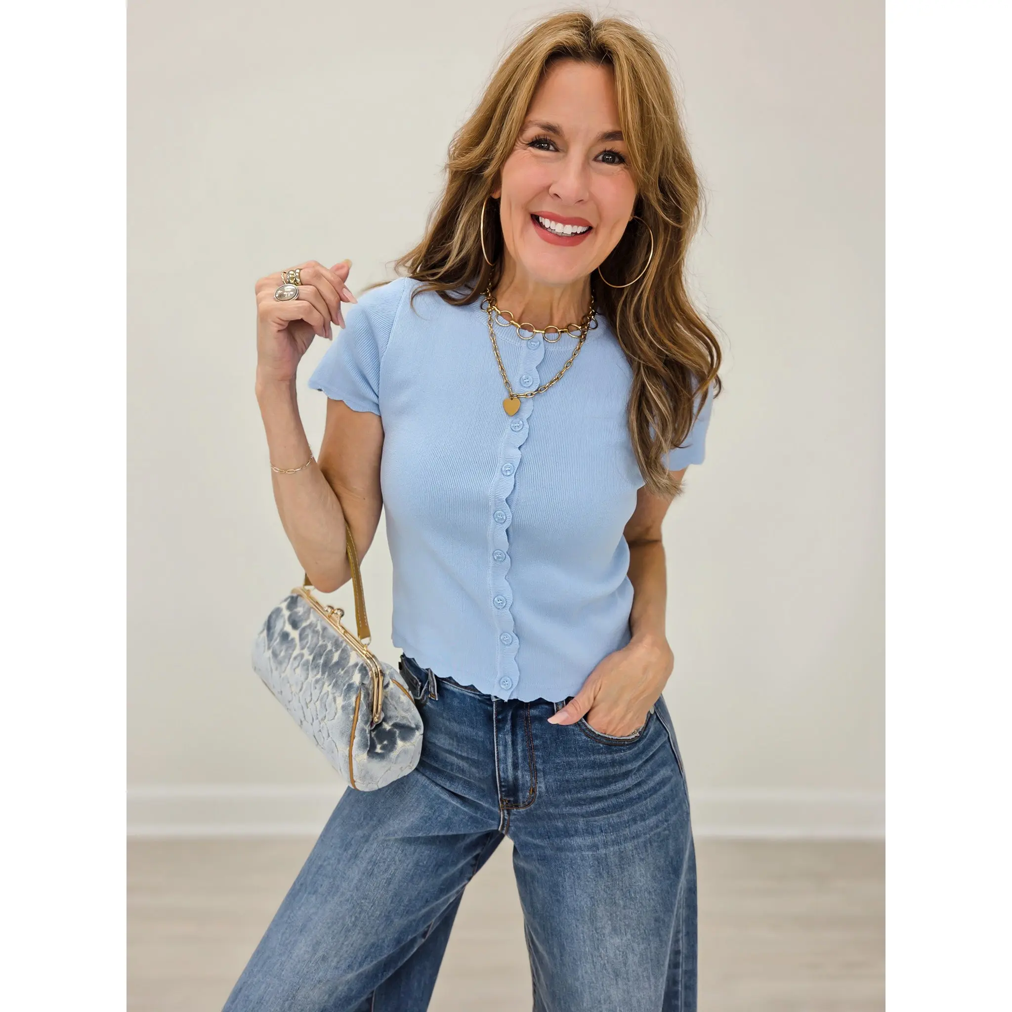 Scalloped Short Sleeve Button Down Knit Cardigan-Dusty Blue