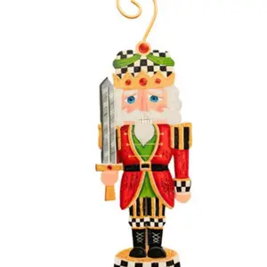 Checkered Santa Nutcracker Metal Ornament with Festive Red and Green Outfit and Sword Detail for Holiday Decor