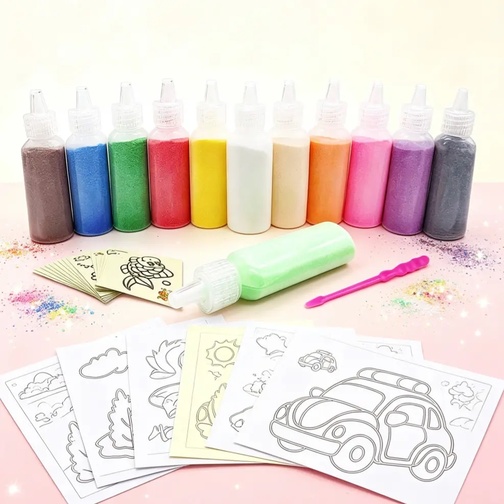 32 PCS Art Sand Kit - 12 Color Scenic Sand With 20 Sheets Sand Art Painting Cards Set, DIY Arts and Crafts, 1.25oz Bottles