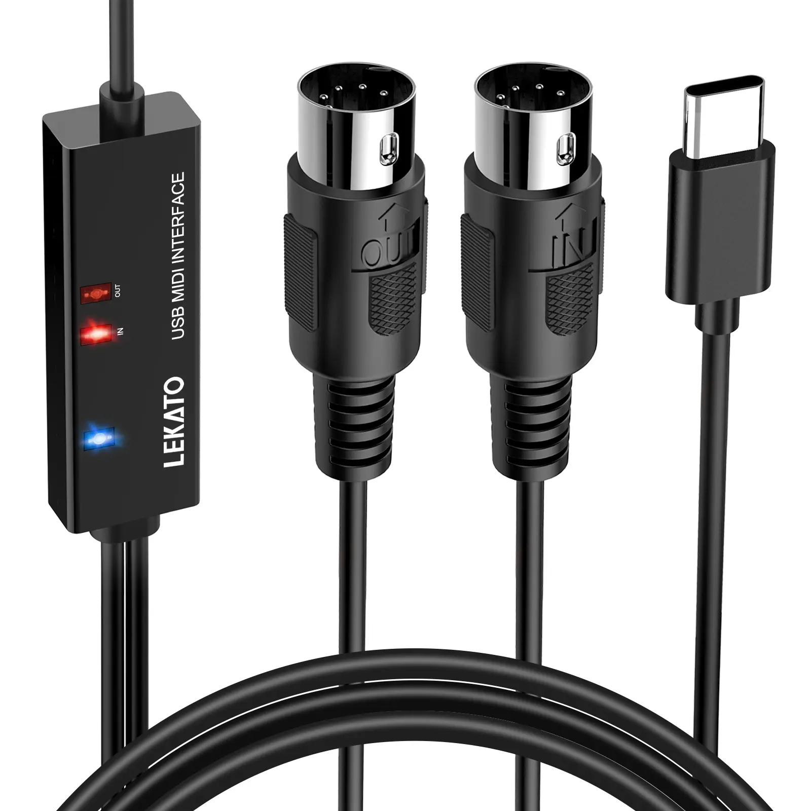 LEKATO MIDI Interface, Type-C, MIDI to USB C, with Input & Output, MIDI Cable Connecting Piano Keyboard/Synthesizer for Editing Recording, Professional Cord, Windows/Mac Studio, -6.5Ft