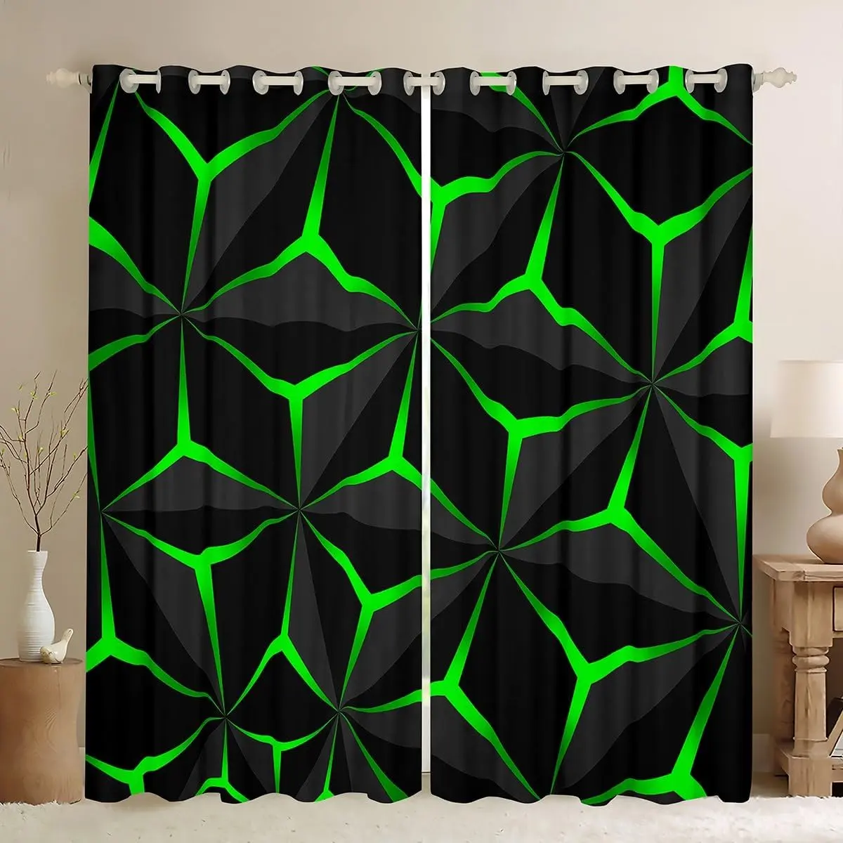 Feelyou 3D Green Neon Honeycomb Geometric 2-Panel Dark-Colored Window Curtains - Drapes with Window Treatments for Bedroom, Living Room Decoration, Dark-Colored Curtains, Two-Panel Curtains