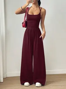 2026 New Women's Sleeveless Halter Jumpsuit, Ruched Waist Wide Leg Romper with Pockets, Lightweight Summer for Beach & Travel