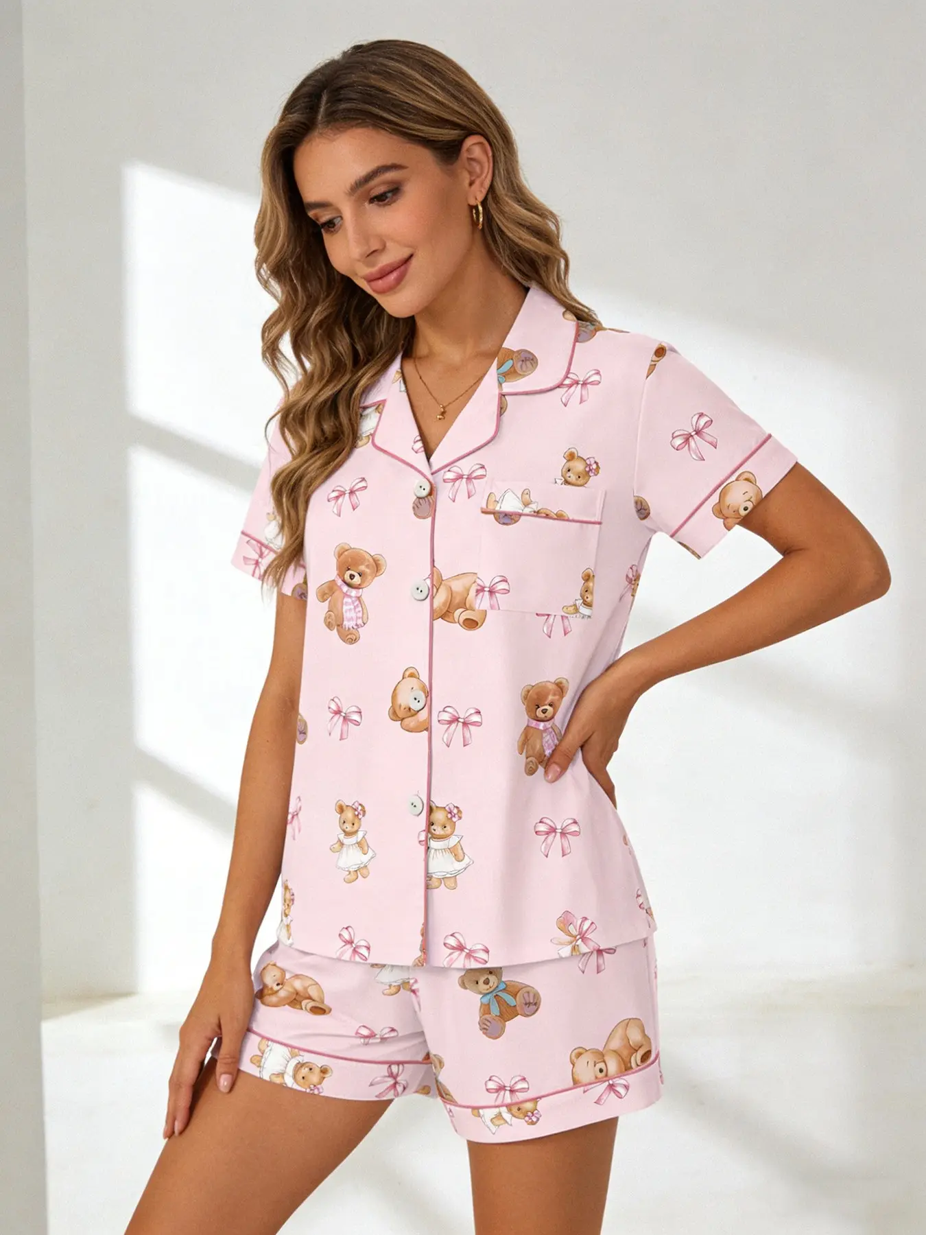 Korean Style Pink Teddy Bear Bow Pajama Set Women, Button Down Short Sleeve, Spring Summer Breathable Loungewear, Pink Trim Accents, Cute Cozy Homewear, Pyjamas