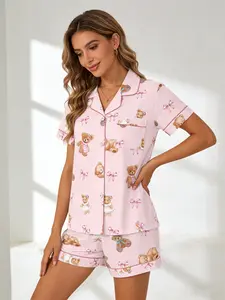 Korean Style Pink Teddy Bear Bow Pajama Set Women, Button Down Short Sleeve, Spring Summer Breathable Loungewear, Pink Trim Accents, Cute Cozy Homewear, Pyjamas