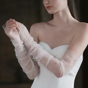 Long White Tulle Bridal Gloves, Sheer Pearl Beaded Wedding Arm Sleeves, Elegant Sheer Gloves for Brides, Wedding Dresses and Formal Events