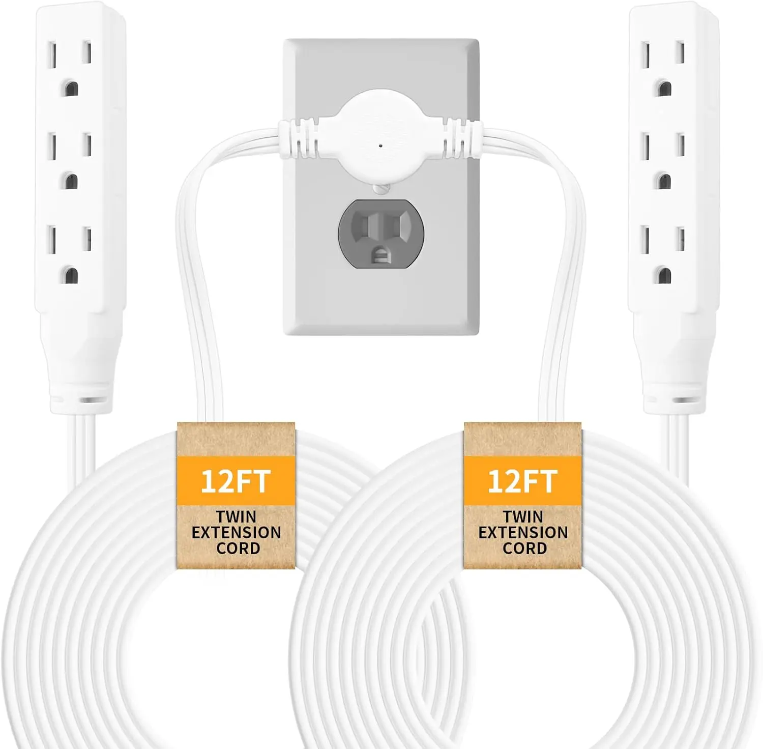 Extension Cord, 24 Ft Flat Wall Plug, 12  on Each Side, 3 Prong Power Strip with 6 Outlets, Double Extension Cord Splitter for Behind Bed, Couch, Nightstand, Furniture, White