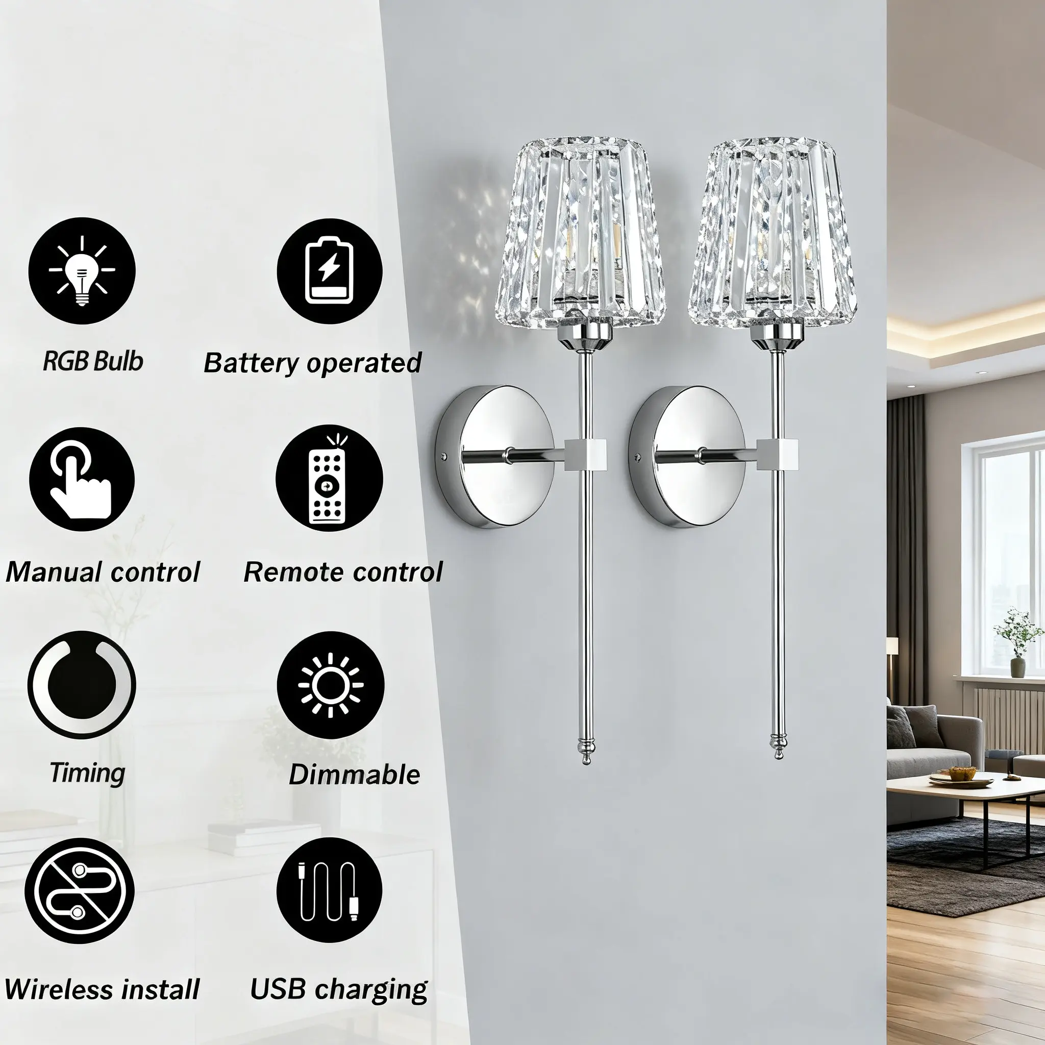 Silver Crystal Wall Lamp, Dimmable Wall Lamp, Decorative Atmosphere Lamp, Decorative Lights, Cordless Drill-Free Installation, RGB Rechargeable Bulb, Adjustable Light Mode, Remote Control and Touch Design, For Bedroom, Home Decor Lighting Fixture