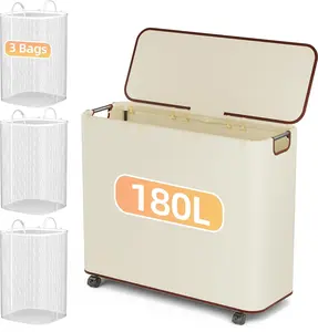 180L Laundry Basket With Lid and Removable 3 Bags, Large Rolling Laundry Hamper with Lid, 3 Section Rolling Clothes Storage With Wheels, Clothes Hamper with Wheels For Laundry Room, Beige