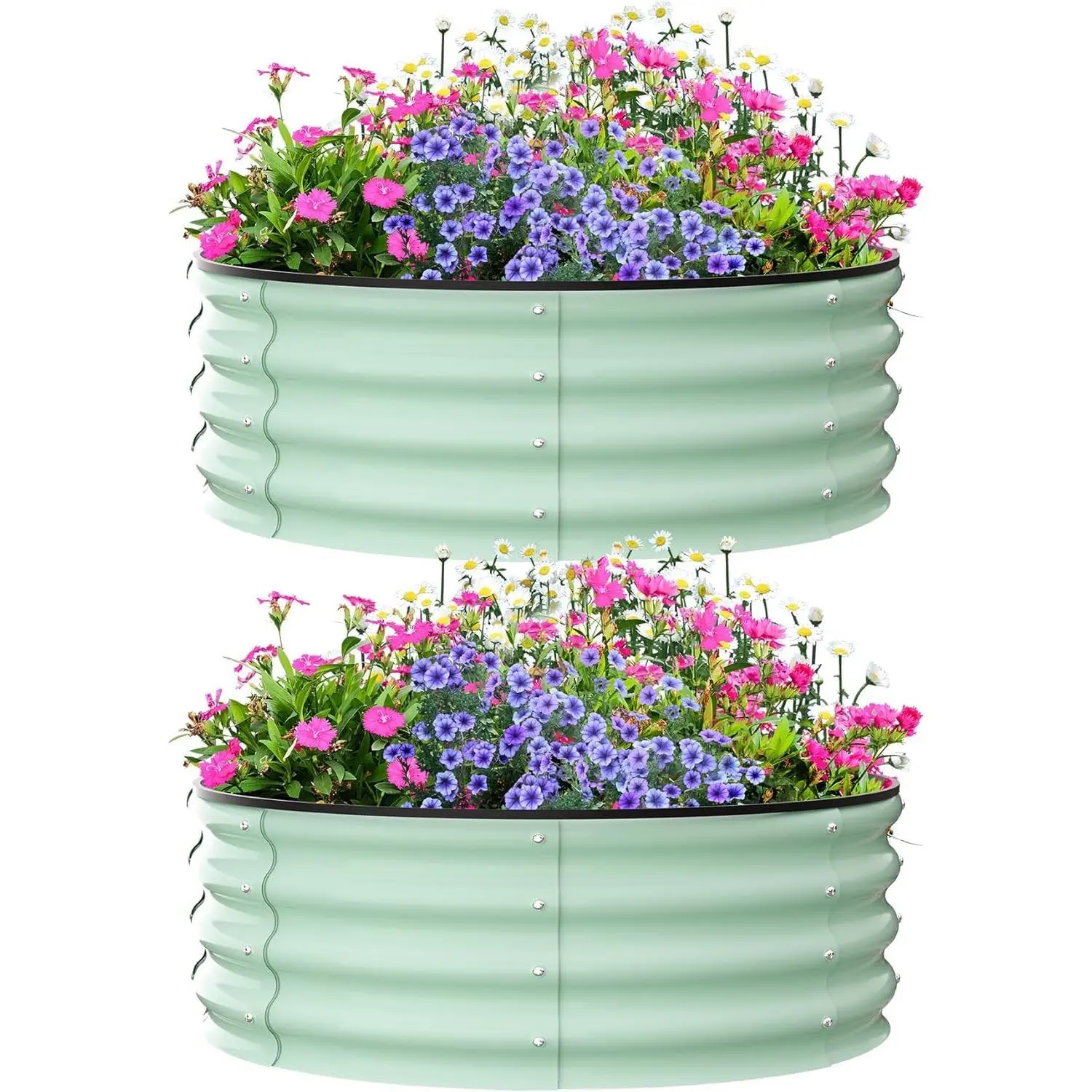 Garvee Set of 2 galvanized raised garden beds, round metal planter boxes designed for gardening, suitable for planting vegetables, flowers, and plants, available in green and white, dimensions 90x90x30 cm and 60x60x30 cm.