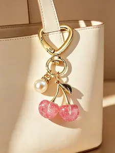 Sparkle Cherry Keychain with Heart Carabiner, Pearl Bag Charm, Elegant Purse Backpack Accessory, Perfect Gift for Women, Teens, Girls