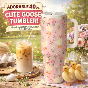 1pc 40oz Cute Goose Tumbler with Handle, Stainless Steel Insulated Travel Mug, Pink Duck Floral Vacuum Cup for Coffee, Water and Iced Drinks, Large Capacity Car Cup, Farmhouse Drinkware Gift for Women, Goose Lovers and Daily Use