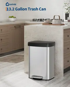 Gaomon 50L Industrial Minimalist Steel Powder Coated Metal Pedal-Open Bin - Rust-Proof Kitchen Bin with Soft-Closing Plastic Lid, Bag Ring, Rear Handle, Silver