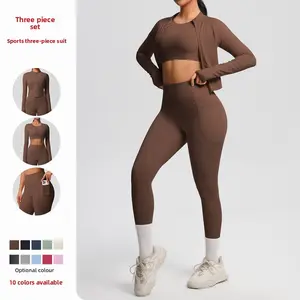 New model cloud-feel brushed slim-fit long-sleeve sports jacket, casual butt-lifting peach fitness yoga outfit three-piece set