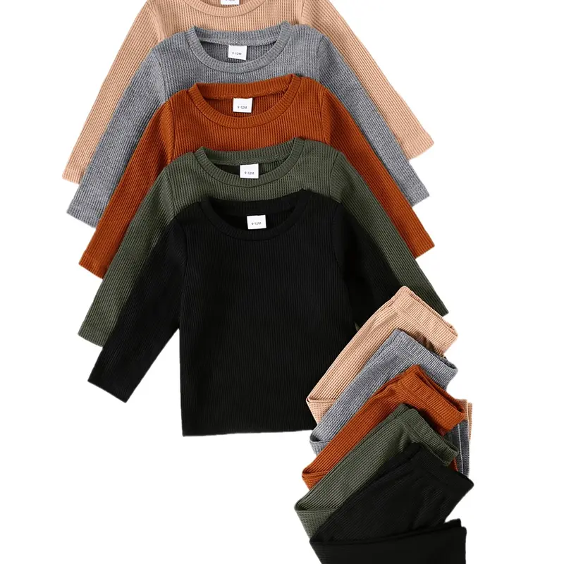 【Black Friday】Boys' 10-Piece Casual Waffle-Texture Long-Sleeve Tops and Pants Matching Set, Soft Comfortable Solid-Color Outfits, Perfect for Daily Wear