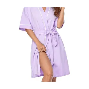 Women's 100% Cotton Robes Lightweight Short Sleeve Kimono Bathrobe Sleepwear with Pockets