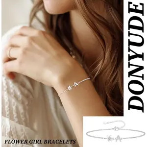 Bridesmaid Proposal Gifts Initial Bracelet for Women with Flower Pearl Bracelets for Teen Girl with Letter 14k Gold Plated Bracelet with Floral Adjustable Wedding Flower Girl Gift Junior Bridesmaid Bracelets Jewelry