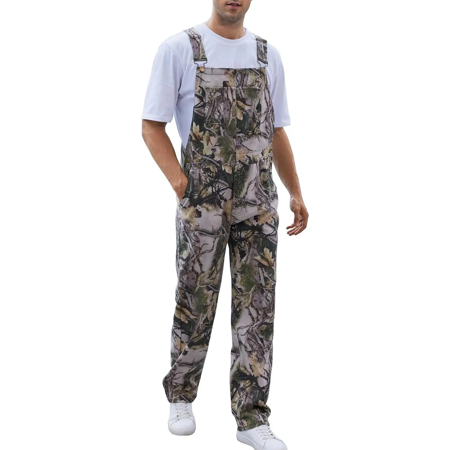Work Utility Bib Overalls for Men, Camouflage Print with Adjustable Straps and an Adjustable Waist, Menswear, Adjustable Waist Overalls