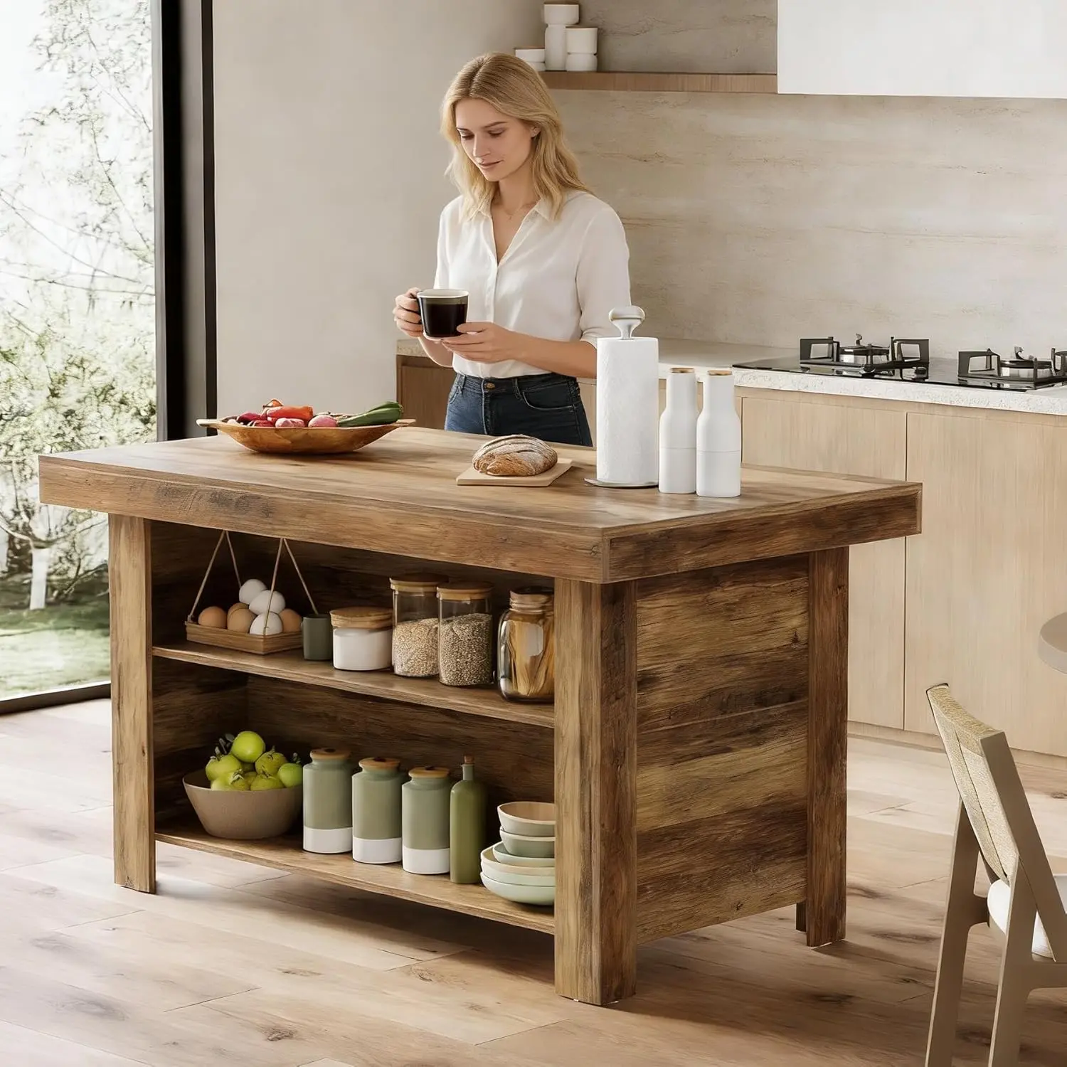 Tribesigns 55 Inches Kitchen Island with Storage, 3-Tier Farmhouse Wooden Stationary Island Table with Large Worktop & Leg Room, Modern Coffee Bar Table with Storage Shelf for Kitchen