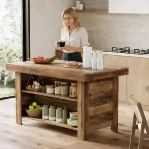 Tribesigns 55 Inches Kitchen Island with Storage, 3-Tier Farmhouse Wooden Stationary Island Table with Large Worktop & Leg Room, Modern Coffee Bar Table with Storage Shelf for Kitchen summervibes