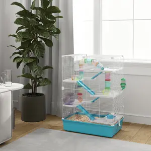 6-Tier Small Animal Cage for Dwarf Hamsters, Light Blue, with Tubes, Tunnels, Hut, Wheel, Food Dish, Water Bottle, Ramps