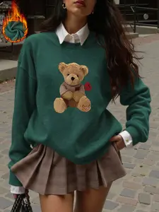 Fall & Winter Women's Fitted Round Neck Faux Wool Top, Soft Cozy Graphic Teddy Bear Print, Long Sleeve Casual Layering Piece